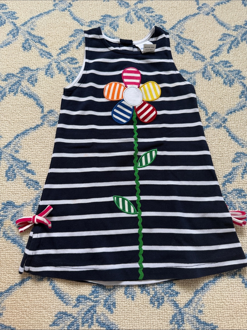 Florence Eiseman Navy & White Striped Dress with Multicolor Flower Appliqué